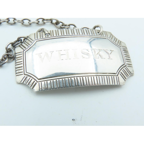 645 - Three Solid Silver Decanter Labels Gin, Whisky and Sherry with Original Silver Chains