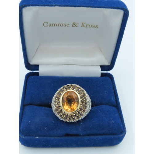 647 - Citrine Smokey Quartz and Diamond Bombe Ring with Oval Cut Golden Yellow Citrine Collet Set in Bombe... 