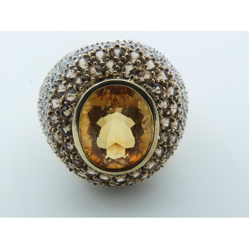 647 - Citrine Smokey Quartz and Diamond Bombe Ring with Oval Cut Golden Yellow Citrine Collet Set in Bombe... 