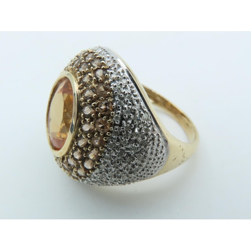 647 - Citrine Smokey Quartz and Diamond Bombe Ring with Oval Cut Golden Yellow Citrine Collet Set in Bombe... 