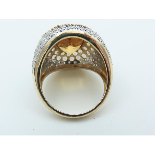 647 - Citrine Smokey Quartz and Diamond Bombe Ring with Oval Cut Golden Yellow Citrine Collet Set in Bombe... 