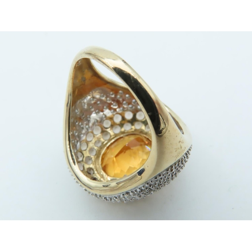 647 - Citrine Smokey Quartz and Diamond Bombe Ring with Oval Cut Golden Yellow Citrine Collet Set in Bombe... 