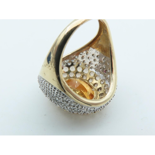 647 - Citrine Smokey Quartz and Diamond Bombe Ring with Oval Cut Golden Yellow Citrine Collet Set in Bombe... 