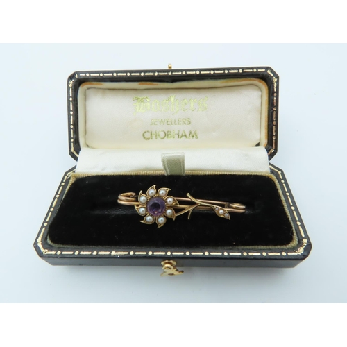 649 - 9 Carat Amethyst and Sea Pearl Decorated Ladies Safety Pin Brooch