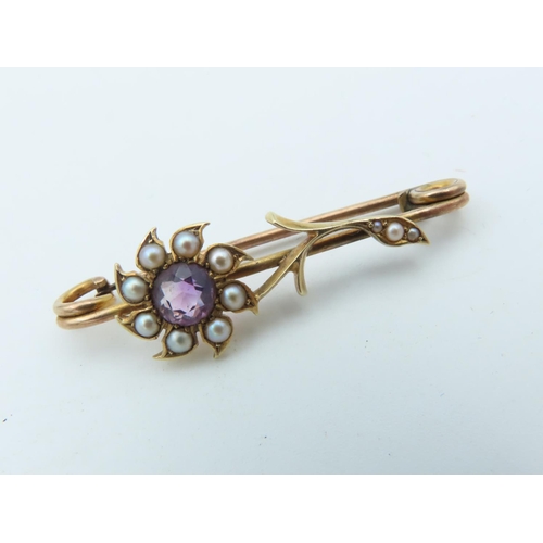 649 - 9 Carat Amethyst and Sea Pearl Decorated Ladies Safety Pin Brooch