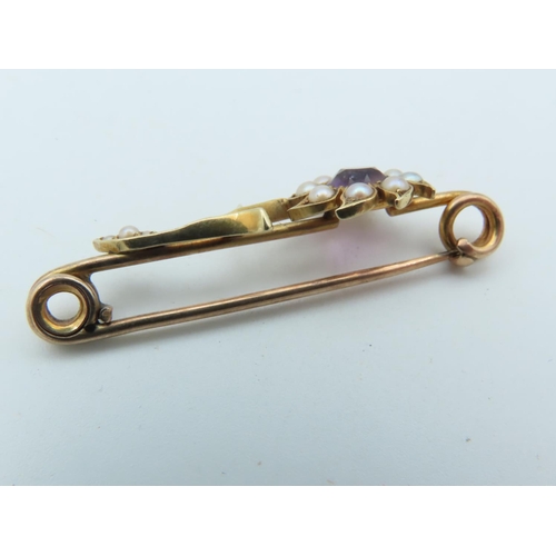 649 - 9 Carat Amethyst and Sea Pearl Decorated Ladies Safety Pin Brooch