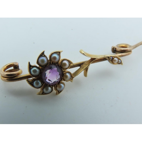 649 - 9 Carat Amethyst and Sea Pearl Decorated Ladies Safety Pin Brooch