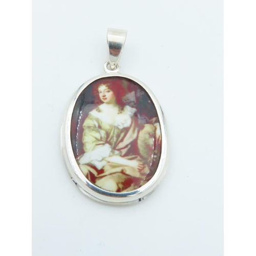 661 - Solid Silver Mounted Enamel Decorated Necklace Pendant with Portrait of Seated Lady