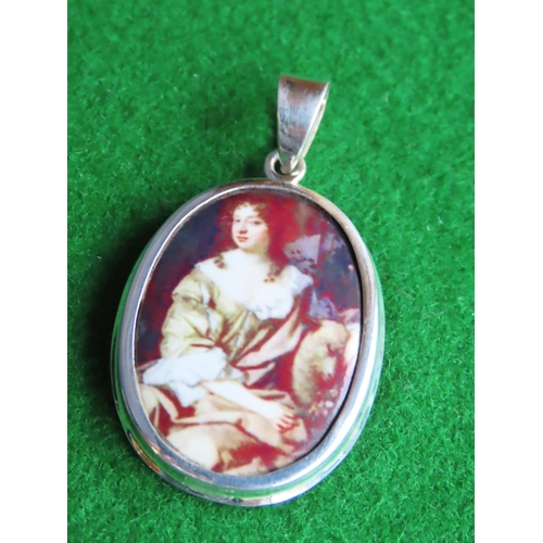 661 - Solid Silver Mounted Enamel Decorated Necklace Pendant with Portrait of Seated Lady