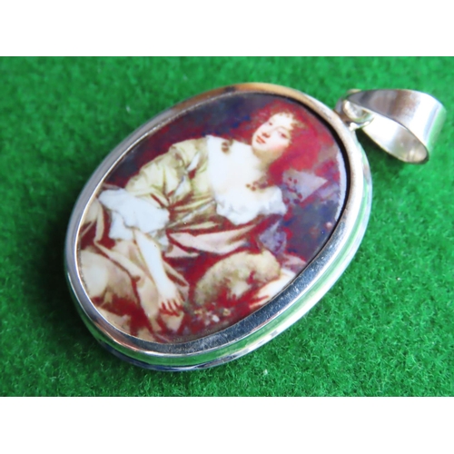 661 - Solid Silver Mounted Enamel Decorated Necklace Pendant with Portrait of Seated Lady