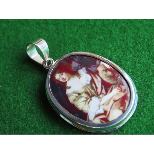 661 - Solid Silver Mounted Enamel Decorated Necklace Pendant with Portrait of Seated Lady