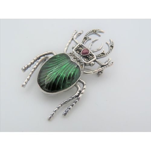 662 - Solid Silver Enamel Decorated Marquise Set Bug Motif Brooch