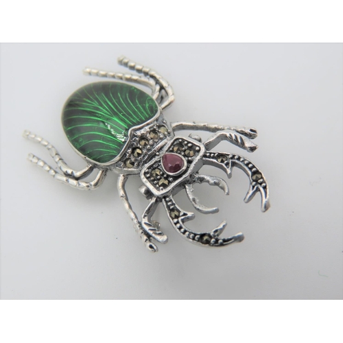 662 - Solid Silver Enamel Decorated Marquise Set Bug Motif Brooch