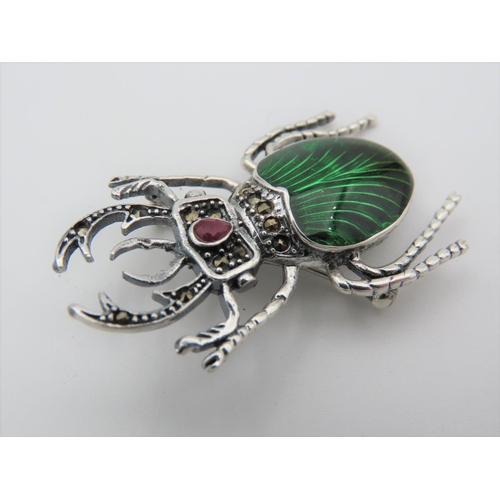 662 - Solid Silver Enamel Decorated Marquise Set Bug Motif Brooch