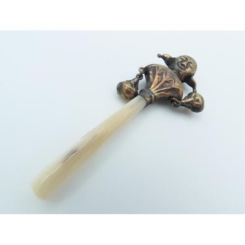 664 - Brass Mounted Jester Motif Babies Rattle with Mother of Pearl Handle