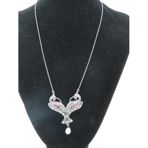 665 - Plique A Jour Silver Mounted Peacock Motif Ladies Pendant Necklace on Silver Chain