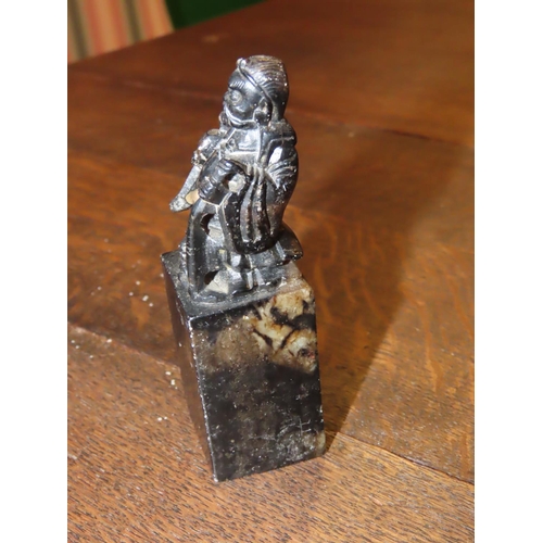 666 - Old Soapstone Seal with Carved Figure Atop Approximately 3 Inches High