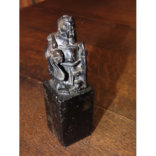 666 - Old Soapstone Seal with Carved Figure Atop Approximately 3 Inches High