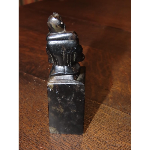 666 - Old Soapstone Seal with Carved Figure Atop Approximately 3 Inches High