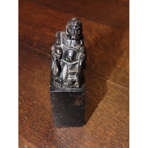 666 - Old Soapstone Seal with Carved Figure Atop Approximately 3 Inches High