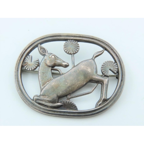 669 - Georg Jensen Vintage Solid Silver Ladies Brooch Depicting Nordic Deer with Stylistic Tree Motifs Sig... 