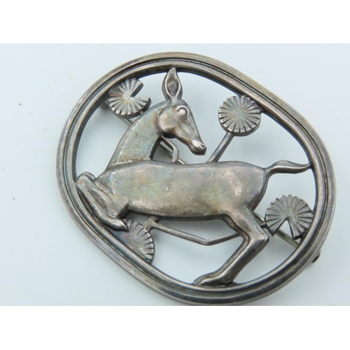 669 - Georg Jensen Vintage Solid Silver Ladies Brooch Depicting Nordic Deer with Stylistic Tree Motifs Sig... 