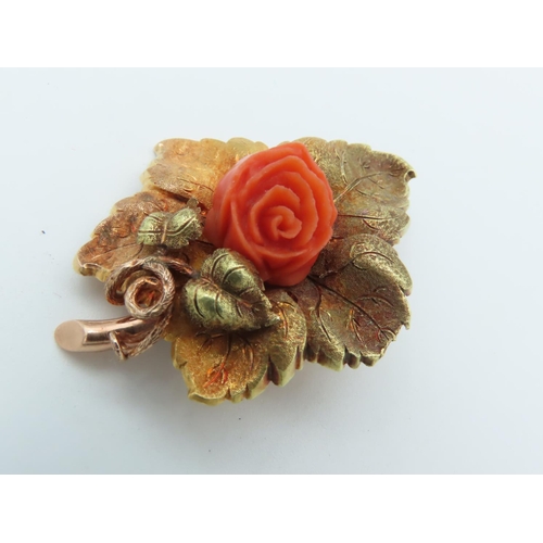 671 - Victorian 18 Carat Yellow Gold Coral Mounted Brooch Leaf Motif