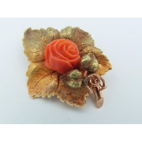 671 - Victorian 18 Carat Yellow Gold Coral Mounted Brooch Leaf Motif