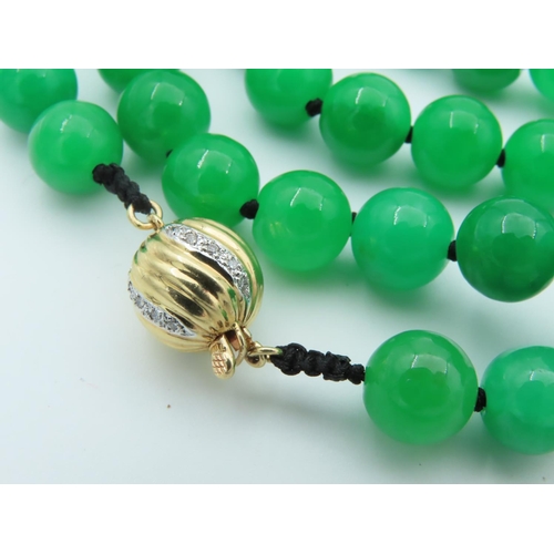 674 - Fine 18 Carat Gold Clasp Decorated Diamond Mounted Jade Bead Necklace of Fine Colour