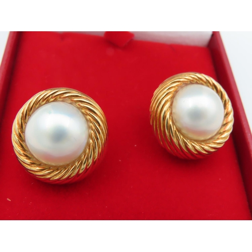 675 - Pair of 18 Carat Yellow Gold Mounted Mabe Pearl Decorated Earrings of Attractive Colour