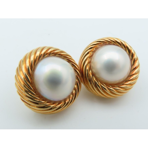 675 - Pair of 18 Carat Yellow Gold Mounted Mabe Pearl Decorated Earrings of Attractive Colour