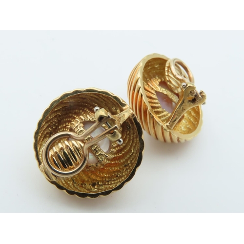 675 - Pair of 18 Carat Yellow Gold Mounted Mabe Pearl Decorated Earrings of Attractive Colour