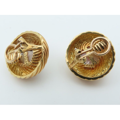 675 - Pair of 18 Carat Yellow Gold Mounted Mabe Pearl Decorated Earrings of Attractive Colour