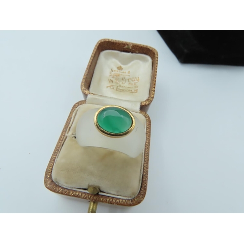 677 - Gold Set Ladies Jade and Rock Crystal Ring Size N