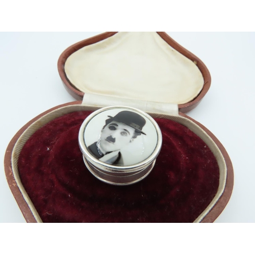 699 - Charlie Chaplin Solid Silver Mounted Pill Box Hinged Cover