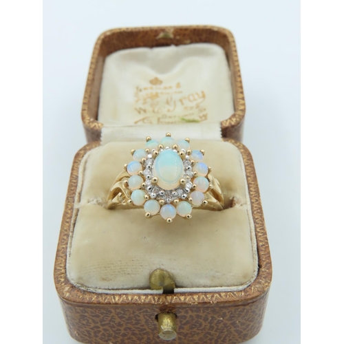 703 - Opal and Diamond Ladies Cluster Ring Mounted on 9 Carat Yellow Gold Ring Size Q and a Half