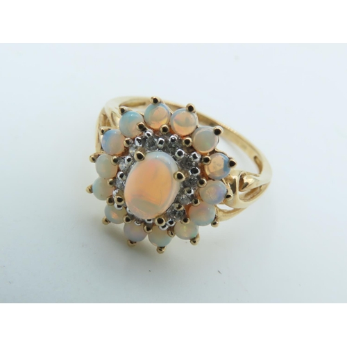 703 - Opal and Diamond Ladies Cluster Ring Mounted on 9 Carat Yellow Gold Ring Size Q and a Half