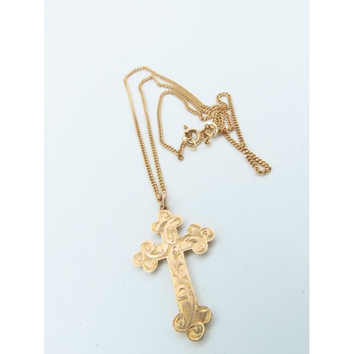 707 - 9 Carat Crucifix Design Engraved Decorated Pendant Necklace Mounted on 9 Carat Gold Chain