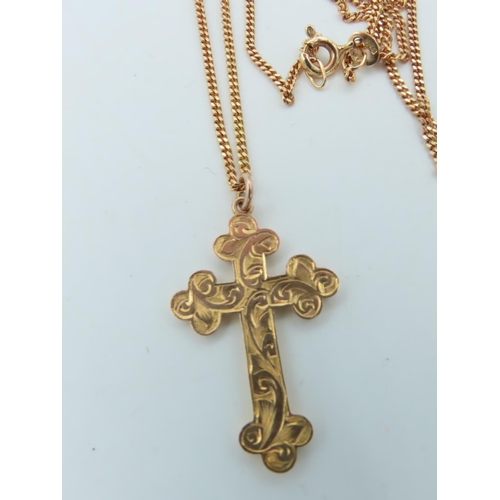 707 - 9 Carat Crucifix Design Engraved Decorated Pendant Necklace Mounted on 9 Carat Gold Chain