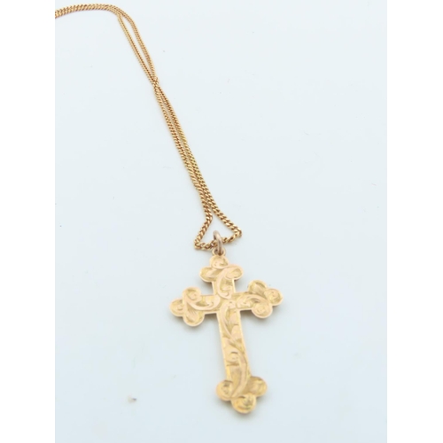 707 - 9 Carat Crucifix Design Engraved Decorated Pendant Necklace Mounted on 9 Carat Gold Chain