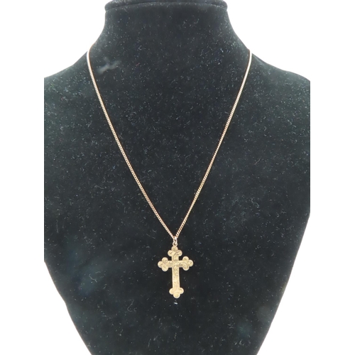 707 - 9 Carat Crucifix Design Engraved Decorated Pendant Necklace Mounted on 9 Carat Gold Chain