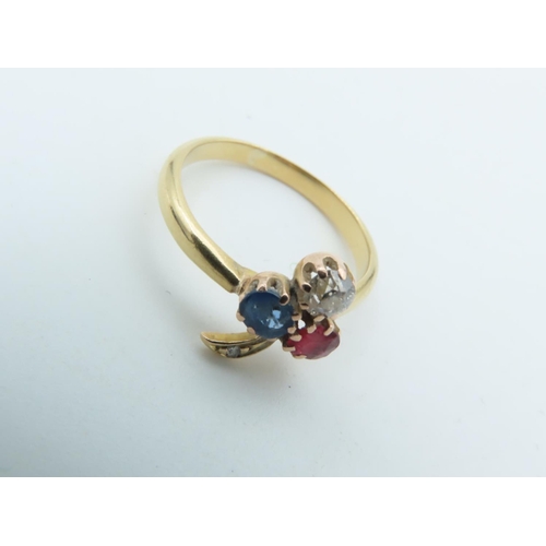 715 - Red White and Blue Trio Ring Ruby Sapphire and Diamond Mounted on 9 Carat Gold Size I and a Half