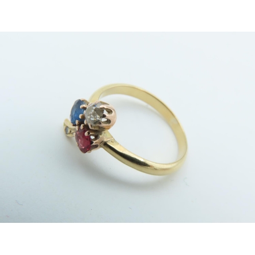 715 - Red White and Blue Trio Ring Ruby Sapphire and Diamond Mounted on 9 Carat Gold Size I and a Half