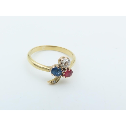 715 - Red White and Blue Trio Ring Ruby Sapphire and Diamond Mounted on 9 Carat Gold Size I and a Half