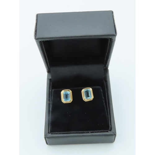 717 - Pair of 18 Carat Yellow Gold Mounted Blue Topaz Set Ear Studs Each with Emerald Blue Topaz Raised Co... 