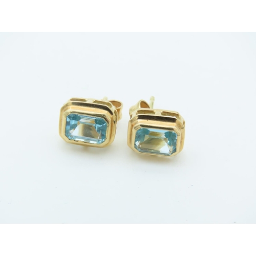 717 - Pair of 18 Carat Yellow Gold Mounted Blue Topaz Set Ear Studs Each with Emerald Blue Topaz Raised Co... 