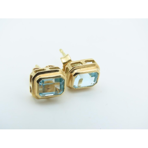 717 - Pair of 18 Carat Yellow Gold Mounted Blue Topaz Set Ear Studs Each with Emerald Blue Topaz Raised Co... 