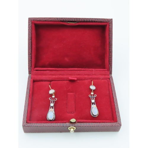 719 - Pair of Diamond and Moonstone Set Earrings Drop Form Unusual Modernist Design