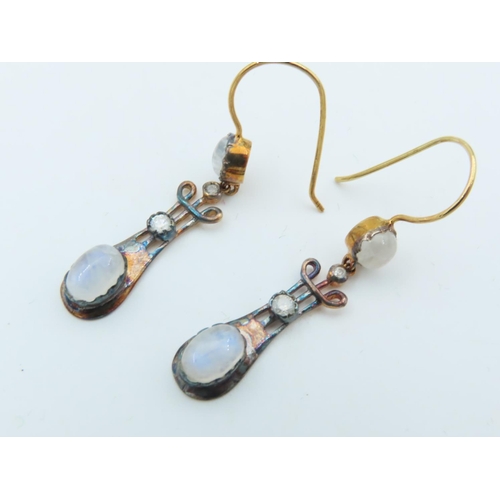 719 - Pair of Diamond and Moonstone Set Earrings Drop Form Unusual Modernist Design