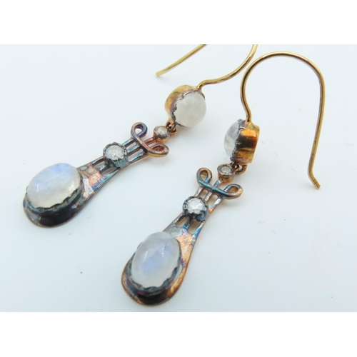 719 - Pair of Diamond and Moonstone Set Earrings Drop Form Unusual Modernist Design